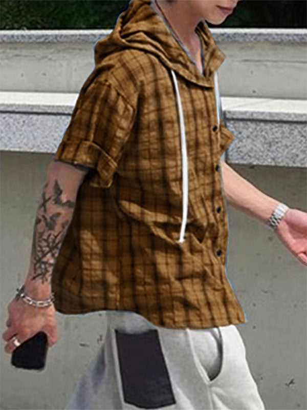 Mens Plaid Hooded Short Sleeve Shirt SKUL21113