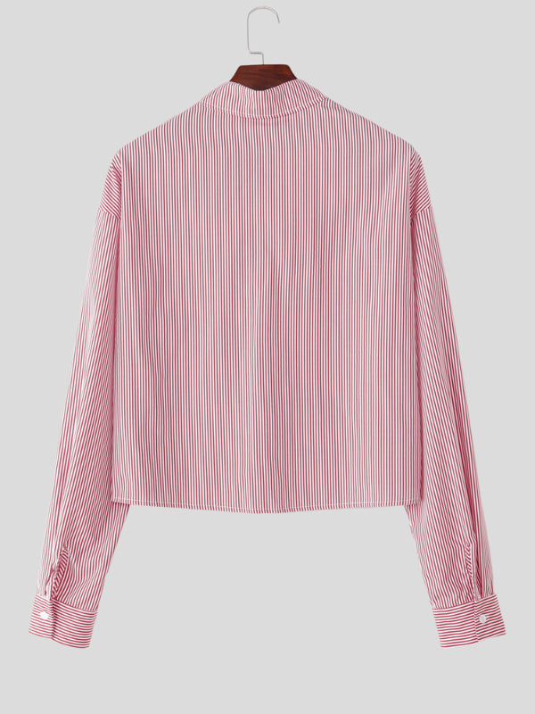 Men's Striped Lapel Cropped Long Sleeve Shirt SKUL31660