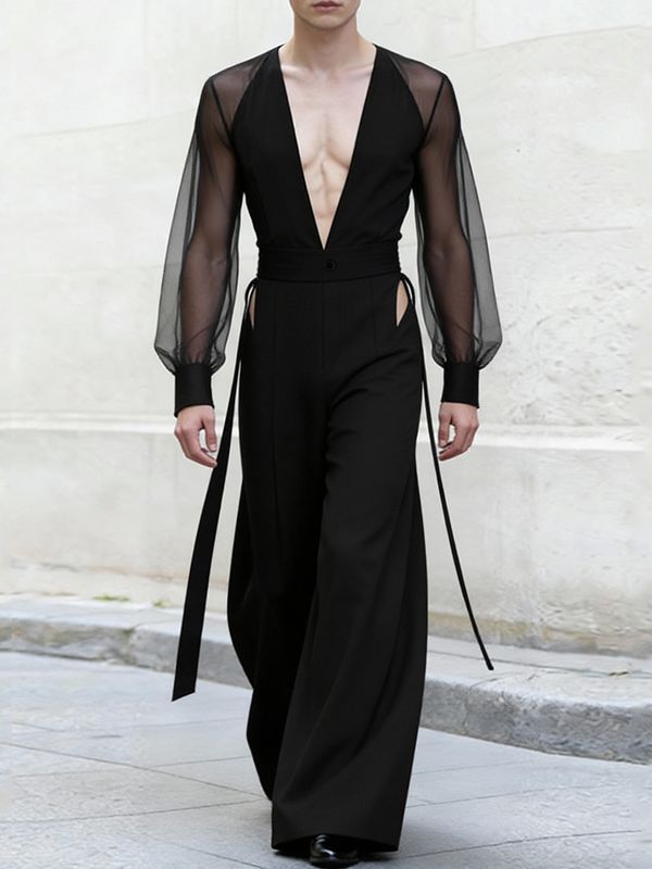 Men's Ribbon Design Sheer Mesh Long Sleeve Jumpsuit SKUL53285