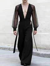 Men's Ribbon Design Sheer Mesh Long Sleeve Jumpsuit SKUL53285