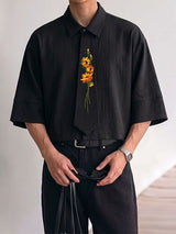 Men's Romantic Avant-Garde Sunflower Embroidered Drop Shoulder Half Sleeve Shirt SKUL78943