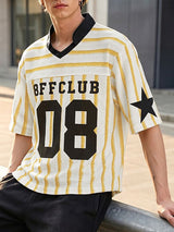 Men's American Streetwear Blokecore Striped Number Print Contrast Dropped Shoulder Short Sleeve Shirt SKUL69691