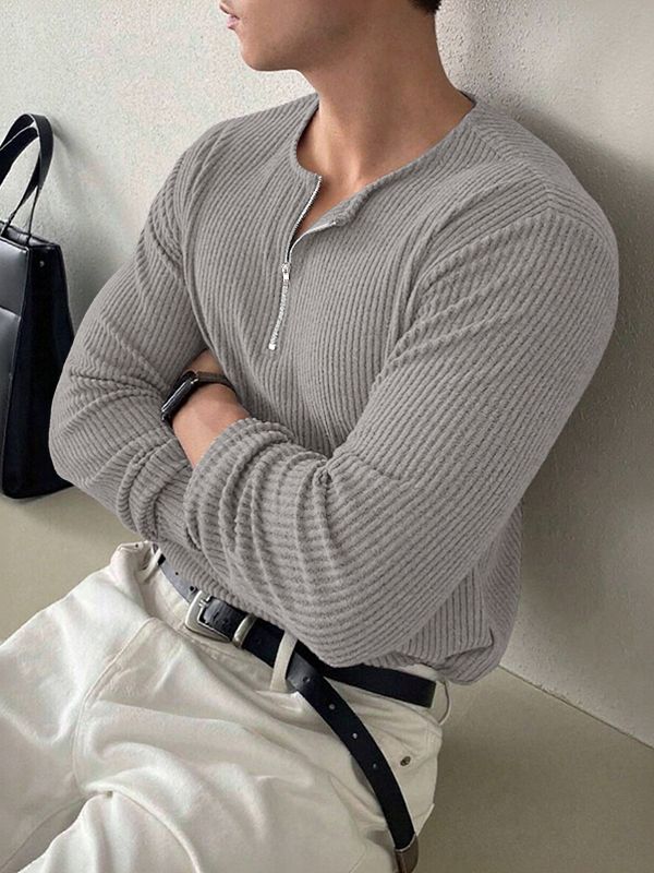 Men's Solid Color Textured Half Zip Long Sleeve T Shirt SKUL42818