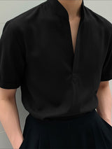 Men's Solid Color Stand Collar Short Sleeve Shirt SKUL49921