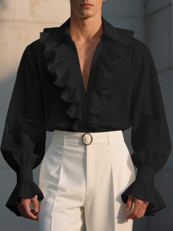 Men's Solid Ruffle Collar Patchwork Long Sleeve Shirt SKUL27259