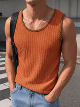 Men's Y2K Artisanal Contrast Braided Trim Ribbed Muscle Tank SKUL79719