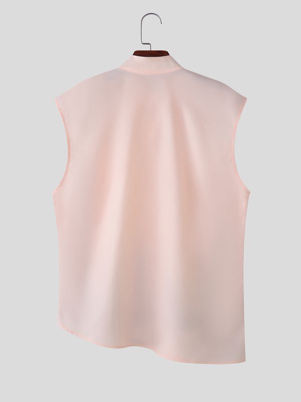 Men's Cyberpunk Pixel Geometric Block Asymmetric Diagonal Button Stand Collar Sleeveless Shirt SKUL61095