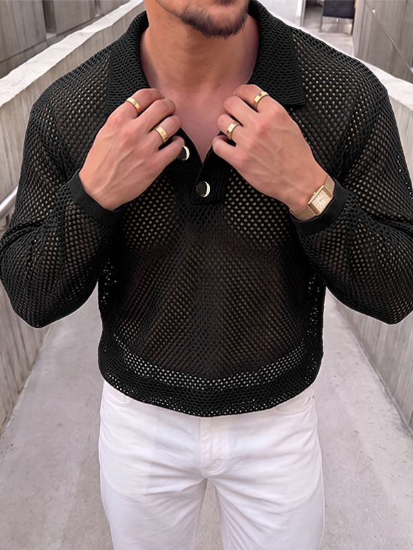 Men's Sexy Beach Vacation See-Through Fishnet Mesh Knit Long Sleeve Polo Collar Shirt SKUL83117