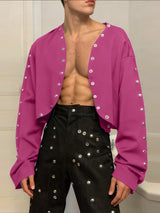 Men's Metal Stud Curved Hem Cropped Long Sleeve Cardigan SKUL41021