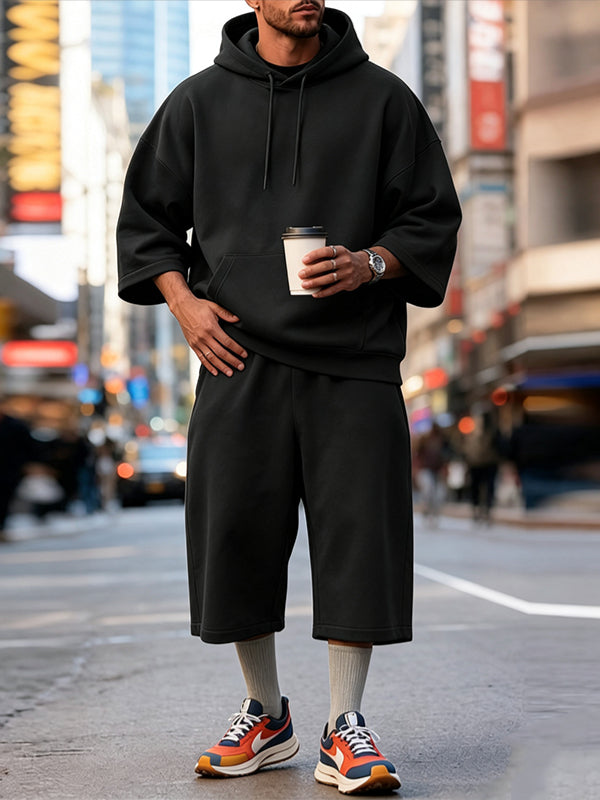 Men's Clean Fit Urban Casual Drop Shoulder Kangaroo Pocket Half Sleeve Two Pieces Outfit SKUL83947