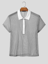 Men's Avant-Garde Two-Tone Contrast Collar Sheer Vertical Stripe Short Sleeve Polo Shirt SKUL74576