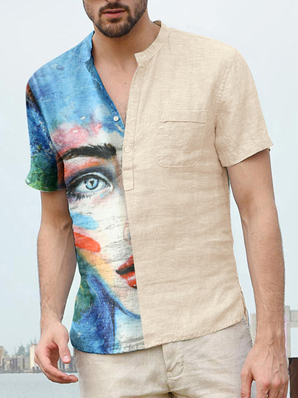 Mens Abstract Face Print Patchwork Henley Shirt SKUK16265