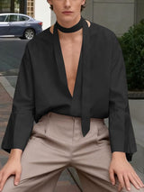 Men's Ribbon Deep V Neck Long Sleeve Shirt SKUL46568