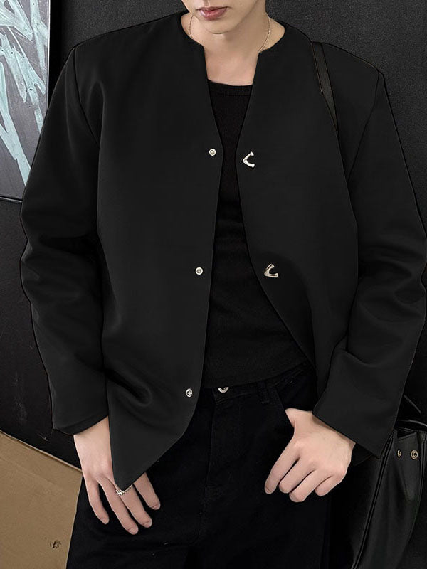 Mens Solid Color Casual Collarless Long Sleeve Blazer SKUL05348