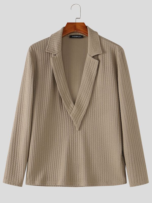 Men's Smart-Casual Ribbed Knit Plunging V-Neck Lapel Long Sleeve Shirt SKUL78979