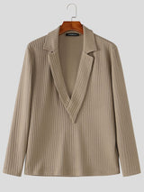 Men's Smart-Casual Ribbed Knit Plunging V-Neck Lapel Long Sleeve Shirt SKUL78979