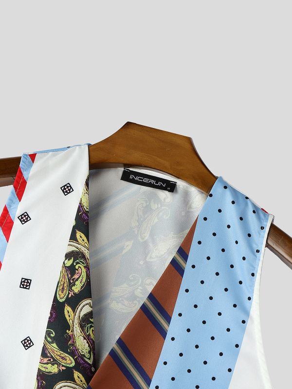 Men's Avant-Garde Deconstructed Multi-Pattern Tie Patchwork Slim Waistcoat SKUL70343