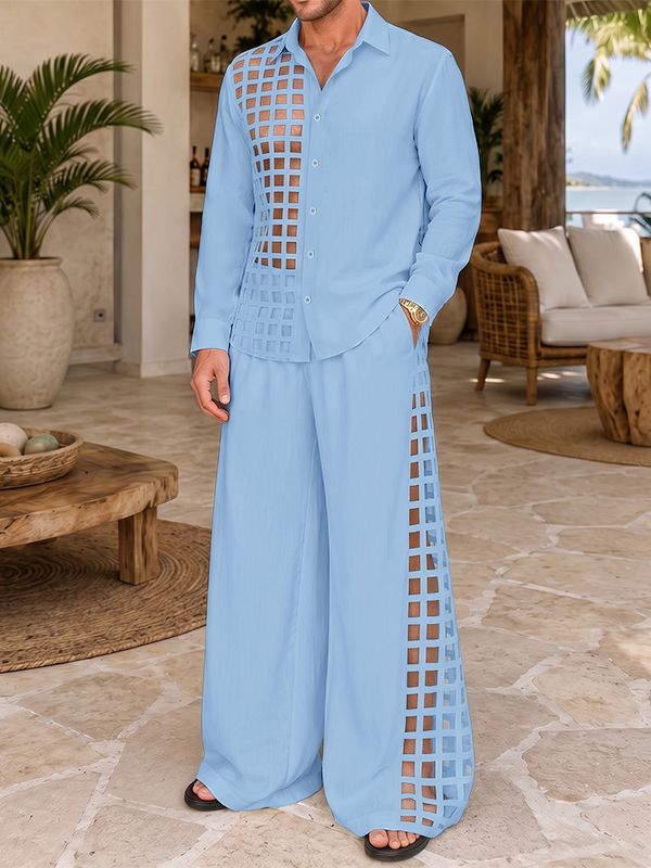 Men's Avant-Garde Vacation Resort Grid Cutout Asymmetric Sheer Two Pieces Outfit SKUL84805