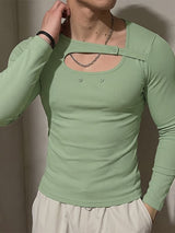 Men's Provocative Avant-Garde Asymmetrical Cut-Out Ribbed Knit Long-Sleeve T-shirt SKUL77301