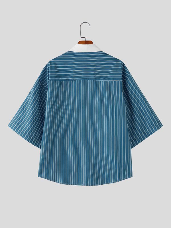 Men's Vintage Americana Contrast Camp Collar Pinstripe Short Sleeve Shirt SKUL58710