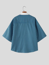 Men's Vintage Americana Contrast Camp Collar Pinstripe Short Sleeve Shirt SKUL58710