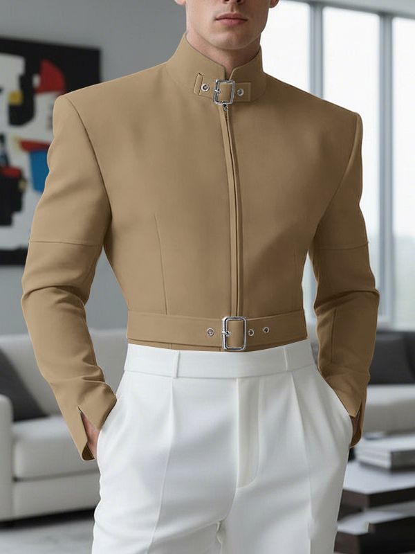 Men's Solid Color Metal Button Stand Collar Long Sleeve Blazer SKUL48609