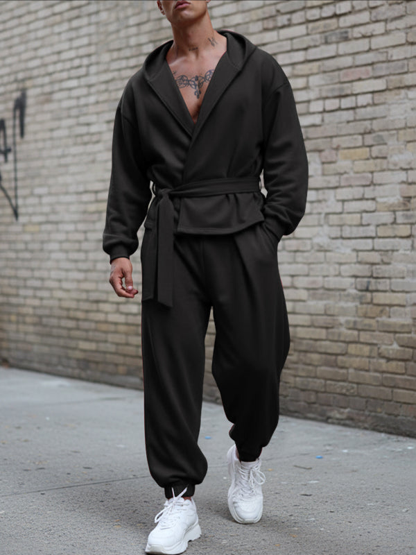 Men's Solid Color Tie Hooded Two Pieces Outfit SKUL45401