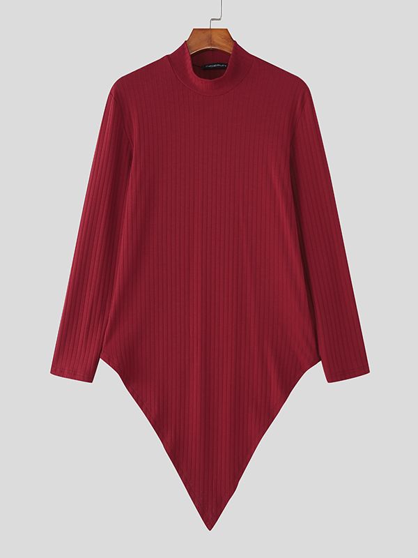 Men's Textured Turtleneck Irregular Hem Long Sleeve Sweater SKUL37543