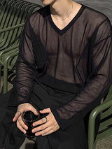 Men's Avant-Garde Sheer Mesh V-Neck Drop-Shoulder T-shirt SKUL80625