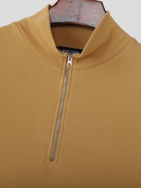 Mens Solid Color Long Hem Zipper Short Sleeve Shirt SKUL25990