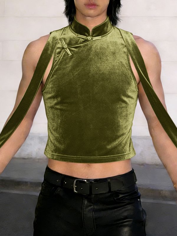 Men's Ribbon Patchwork Velvet Frog Button Stand Collar Cropped Tank SKUL51873