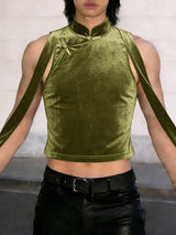 Men's Ribbon Patchwork Velvet Frog Button Stand Collar Cropped Tank SKUL51873