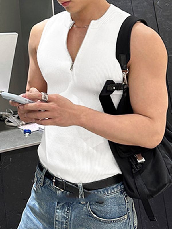 Men's Korean Minimalist Casual Ribbed Knit Half Zip Slim Fit Tank SKUL69704