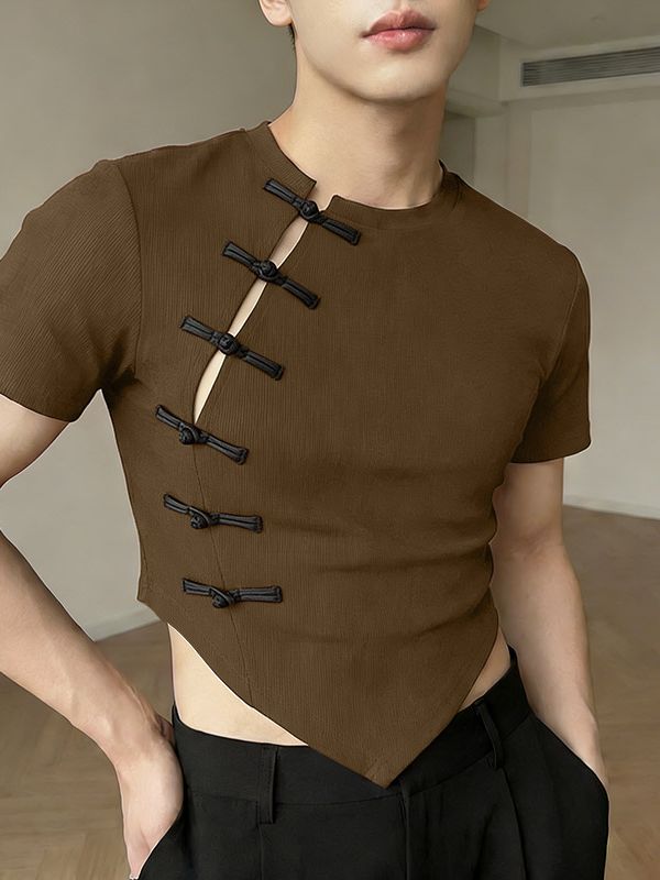 Men's Solid Color Knit Frog Button Short Sleeve T-shirt SKUL58738