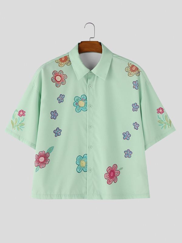 Men's Vintage Multicolored Floral Print Cropped Short Sleeve Shirt SKUL63058
