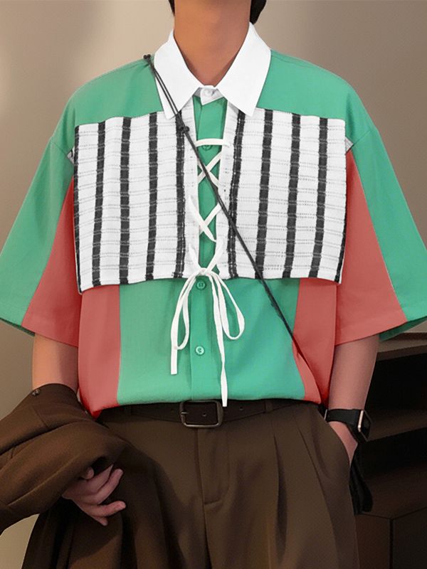 Men's Contrast Patchwork Striped Half Sleeve Shirt SKUL53239