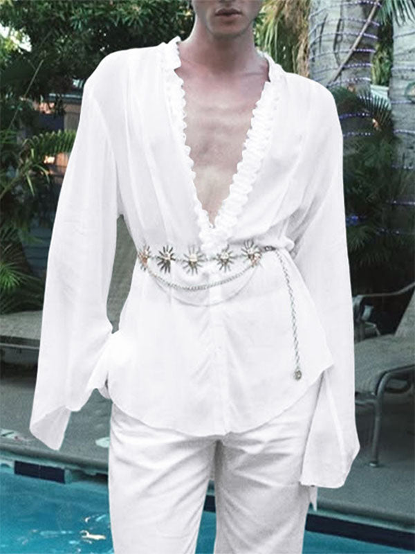 Men's Sheer Lace Patchwork Long Sleeve Shirt SKUL25962