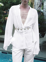 Men's Sheer Lace Patchwork Long Sleeve Shirt SKUL25962