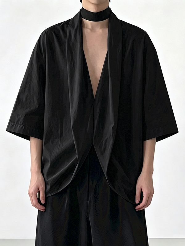 Men's Vintage Japanese Kimono Collar Asymmetric Twist Short Sleeve Shirt SKUL71353