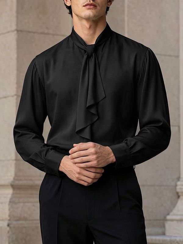 Men's Retro Cocktail Party Cascading Tie Neck Silk-Like Fluid Drape Long Sleeve Bow Collar Shirt SKUL83230