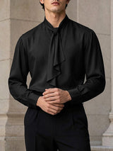 Men's Retro Cocktail Party Cascading Tie Neck Silk-Like Fluid Drape Long Sleeve Bow Collar Shirt SKUL83230
