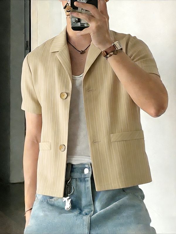 Men's Solid Color Textured Casual Short Sleeve Blazer SKUL54443