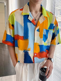 Mens Colorful Color Block Print Revere Collar Shirt SKUK54522