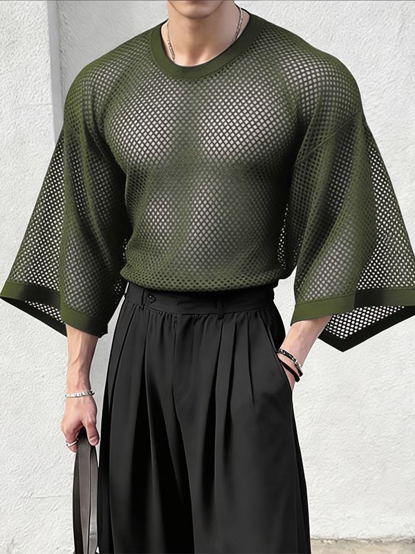 Men's Sheer Mesh Loose Fit Long Sleeve T-shirt SKUL55425