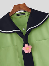 Men's Contrast Color Floral Sailor Collar Tie Shirt SKUL41283
