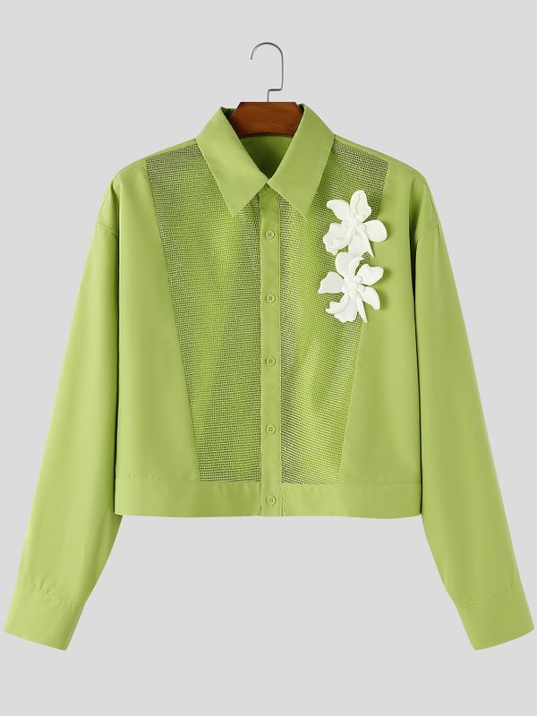 Men's Avant-Garde Sheer Mesh Panel 3D Floral Applique Cropped Shirt SKUL75674