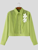 Men's Avant-Garde Sheer Mesh Panel 3D Floral Applique Cropped Shirt SKUL75674