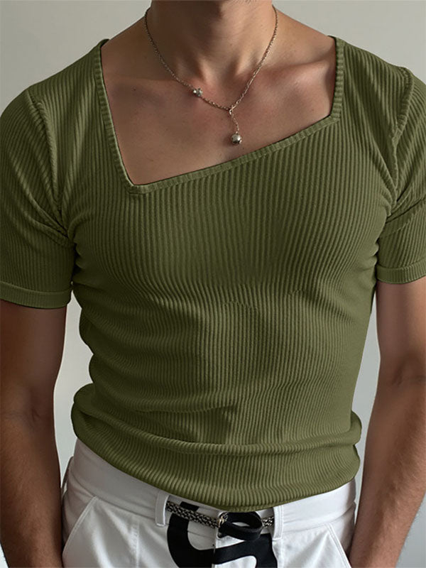 Mens Striped Textured Square-Neck Short-Sleeve T-Shirt SKUL22314