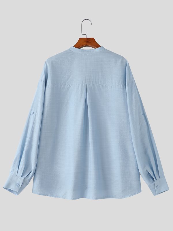 Men's Clean Casual Resort Mandarin Collar Long Sleeve Shirt SKUL79525