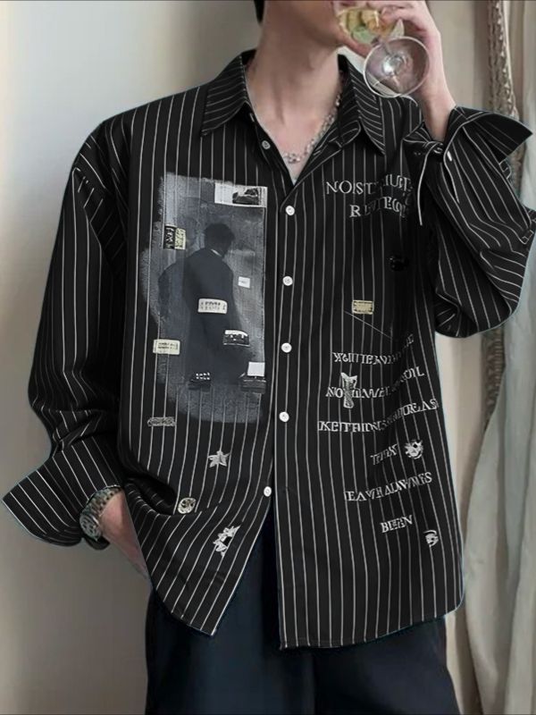 Men's Slogan Print Stripe Long Sleeve Shirt SKUL36405